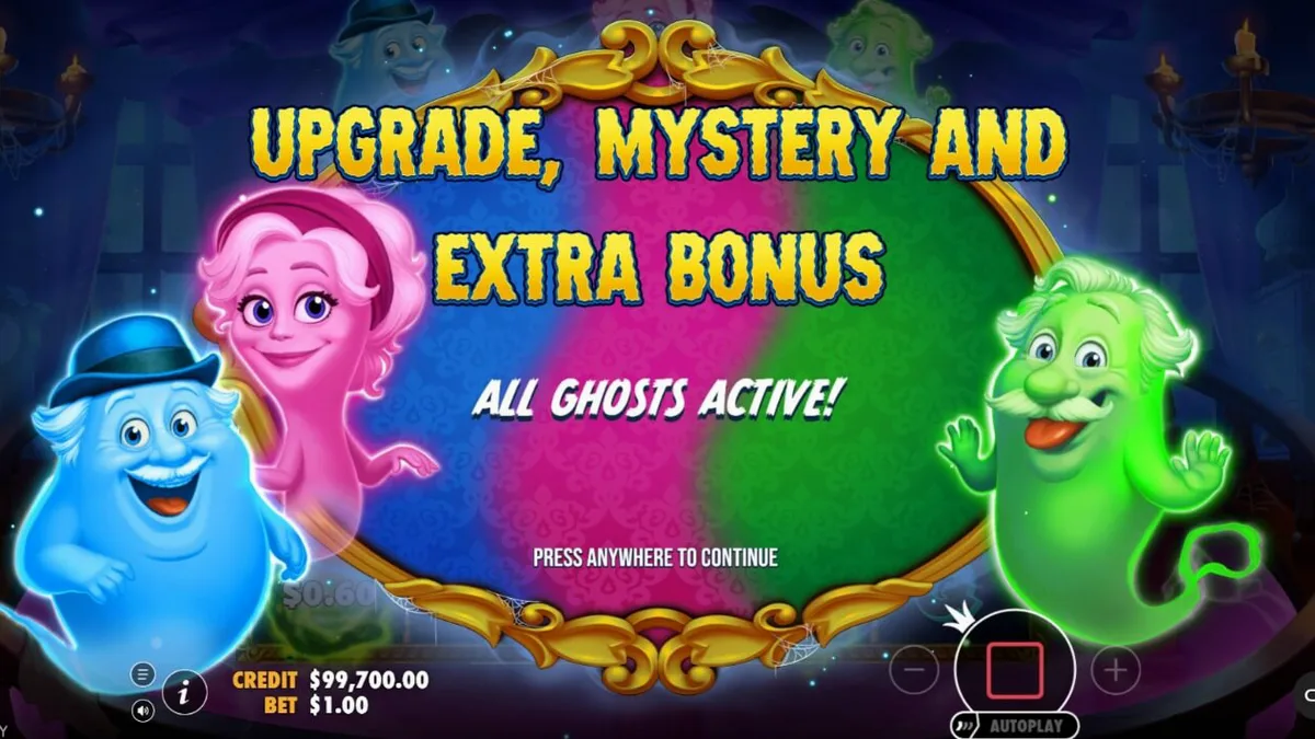 Tampilan visual slot Great Ghosts dengan tema rumah hantu kartun dan bola kristal.