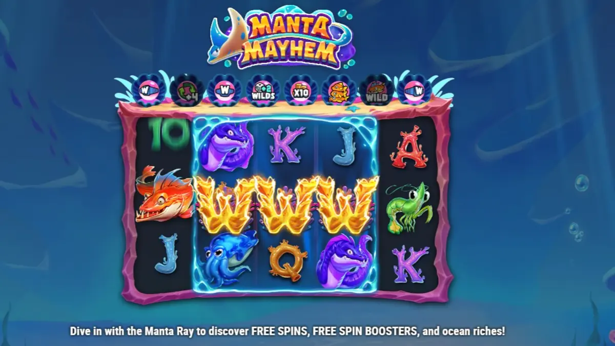 Tampilan visual slot Manta Mayhem dengan tema bawah laut yang cerah dan penuh warna.
