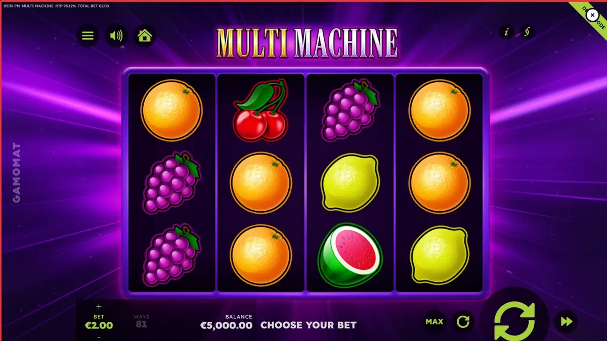 Tampilan visual mesin slot retro Multi Machine dengan simbol buah dan aksen ungu