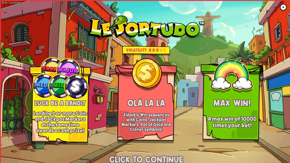 Le Sortudo slot machine featuring Smokey the raccoon in a Brazilian street setting.