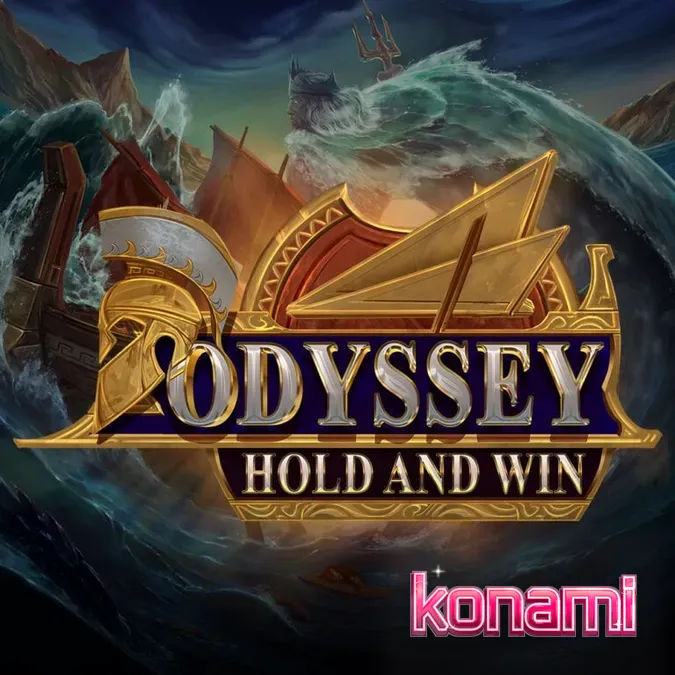 Tampilan antarmuka permainan slot Odyssey Hold and Win dengan kisi 4x4 dan tema mitologi Yunani.