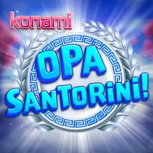 Tampilan visual slot Opa Santorini dengan latar belakang pemandangan Santorini.